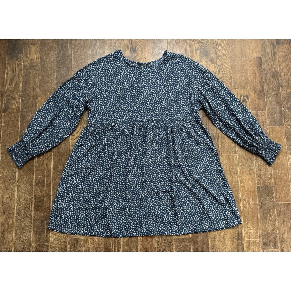 Dokotoo Mini Dress Size 2XL Long Sleeve Round Neck Blue Floral Empire Waist NWT